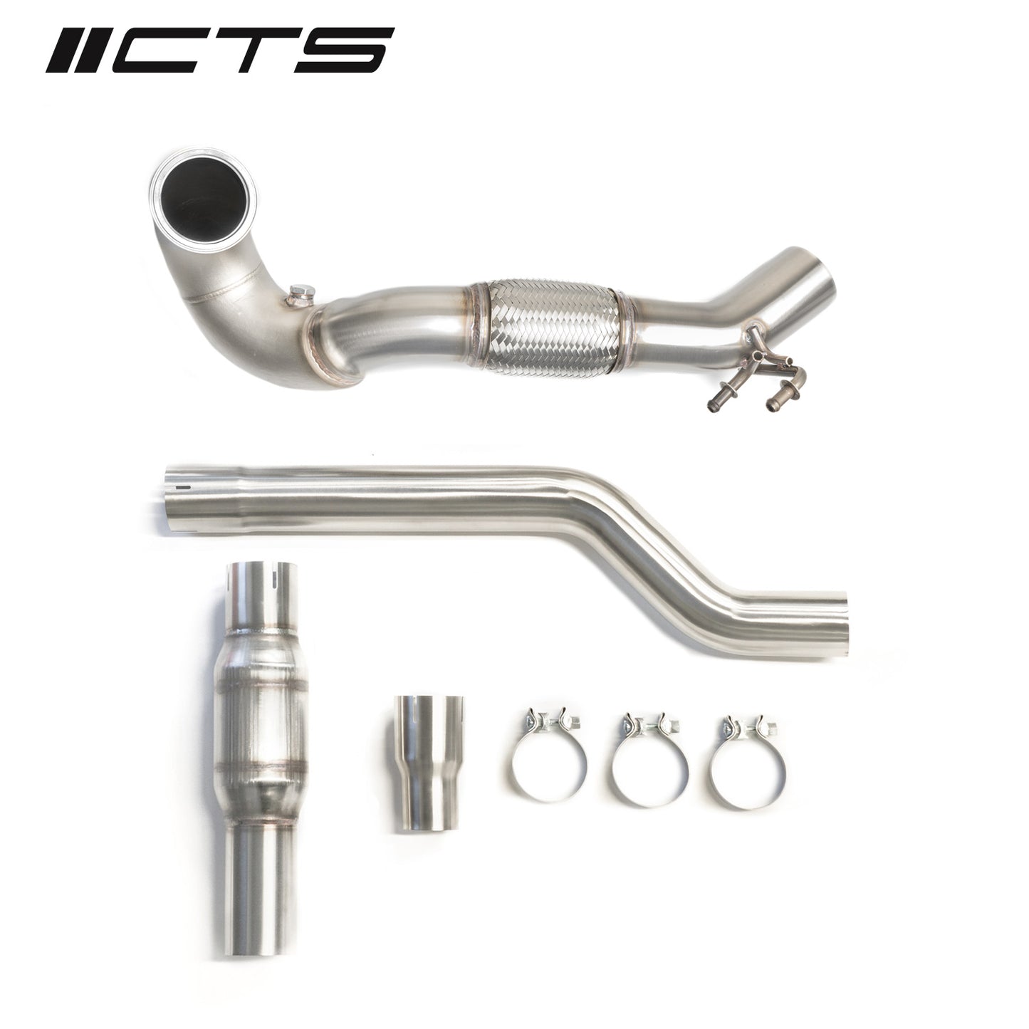 CTS TURBO MQB AWD EXHAUST DOWNPIPE WITH HIGH FLOW CAT (MK7/MK7.5 GOLF AWD, GOLF R, A3/S3/TT/TT-S QUATTRO)