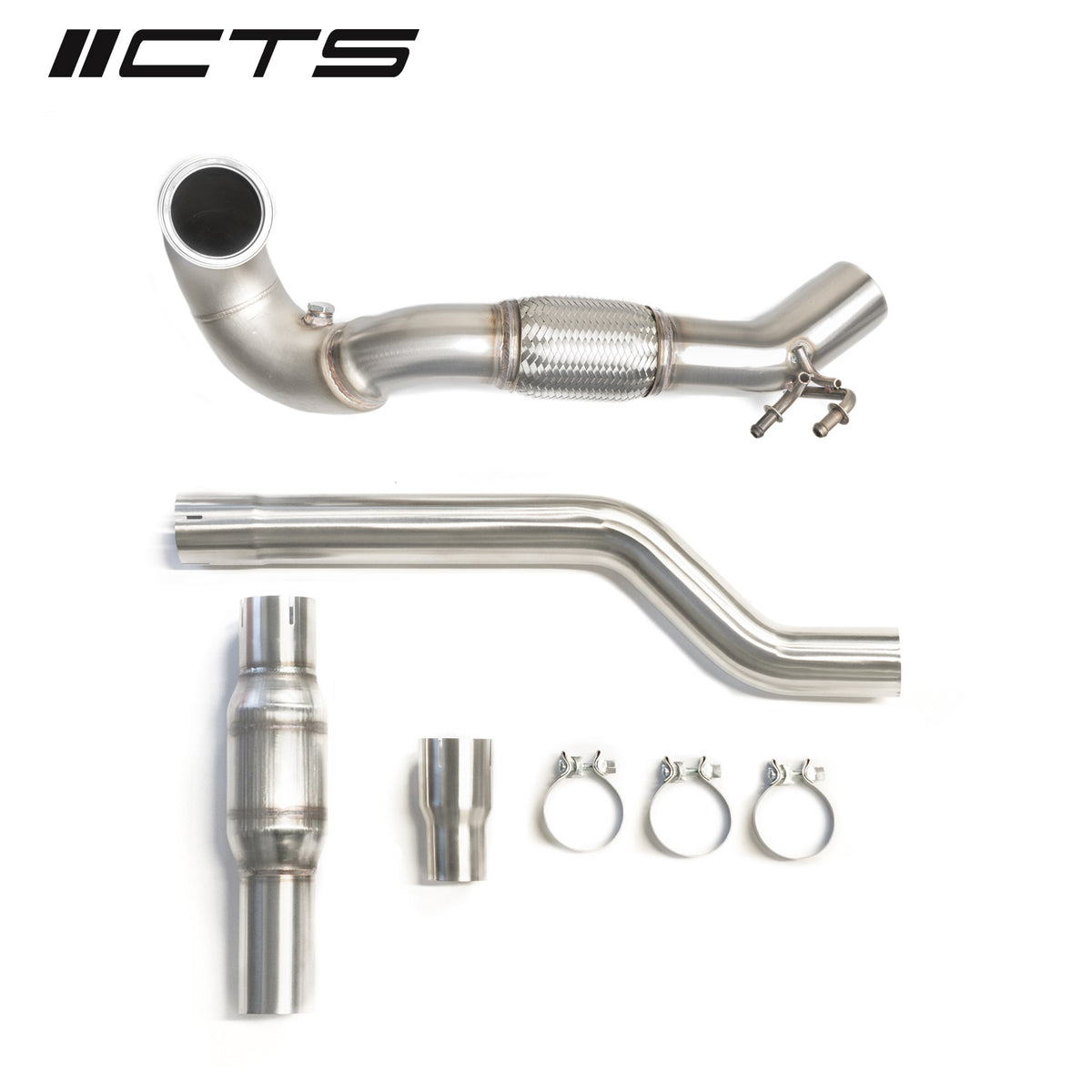 CTS TURBO MQB AWD EXHAUST DOWNPIPE WITH HIGH FLOW CAT (MK7/MK7.5 GOLF AWD, GOLF R, A3/S3/TT/TT-S QUATTRO)